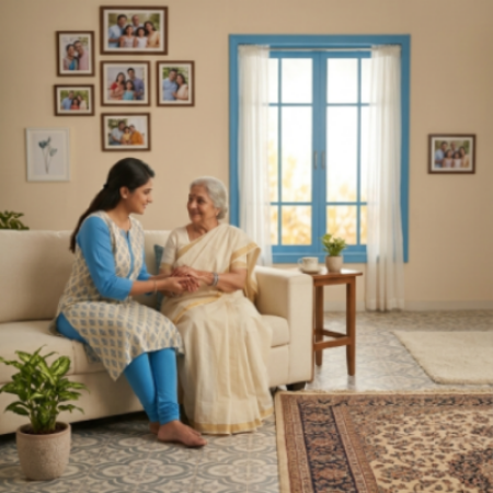 A young man and a senior citizen male  sitting on a couch in a living room with family photos on the wall 